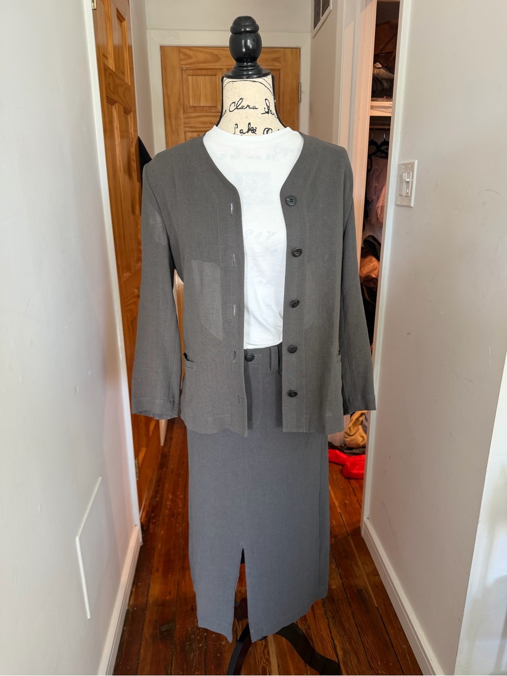 Issey Miyake Gray Round-Neck Button Jacket with Matching Skirt